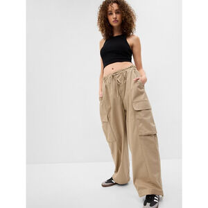 Gap Women's EUC Khaki Cotton Cargo Elastic Waist Parachute Oversized Pants S/M